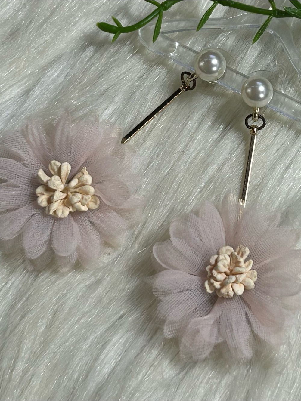 Chiffon Pink Floral faux pearl dangle Earrings